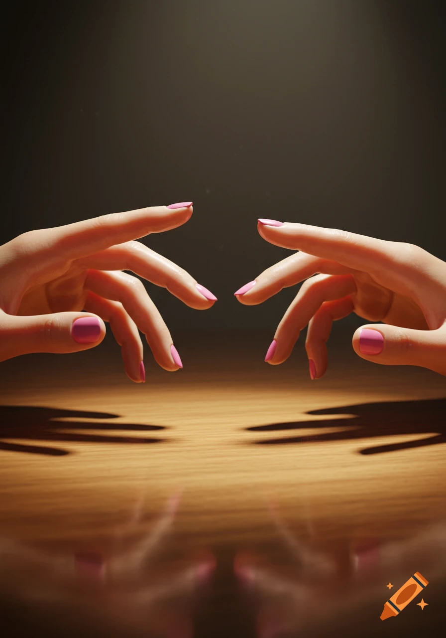 Two hands with pink nail polish hover over a reflective wooden table against a dark background, shadows stretching below.