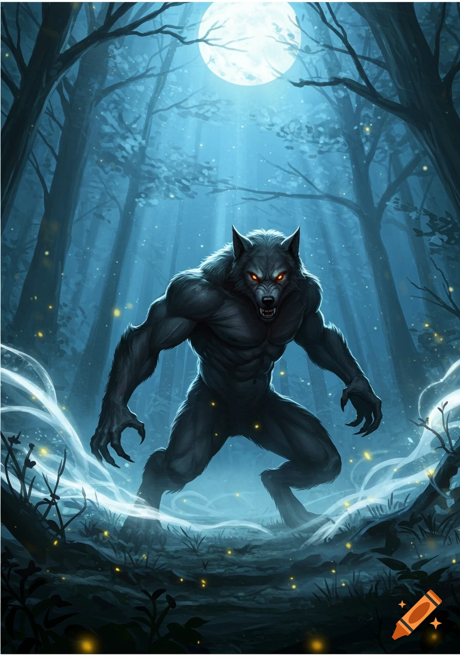 A snarling werewolf with glowing red eyes stands in a dark forest under a full moon, with glowing wisps around its feet.