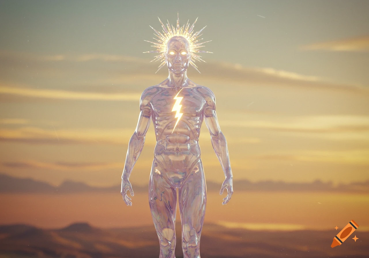 A glowing, translucent humanoid figure with a lightning bolt on its chest and a spiky halo stands against a sunrise sky.