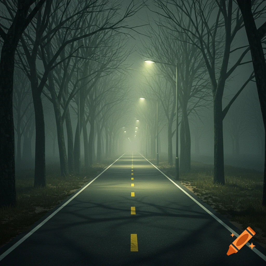 An eerie, misty road lined with bare trees and glowing streetlights, extending into dense fog.