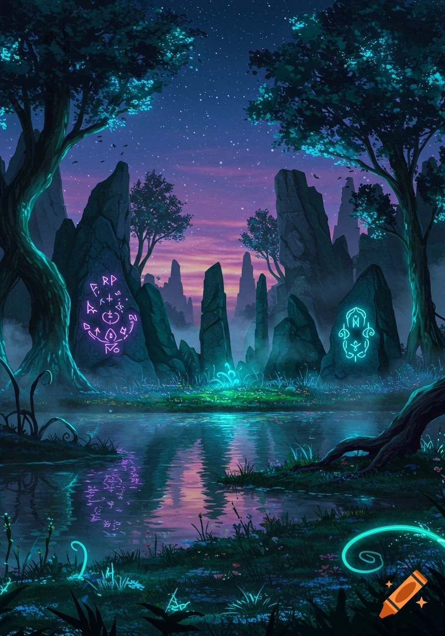 A mystical forest landscape at night with glowing trees and rune-engraved rock formations reflected in a tranquil body of water under a starry, purple sky.