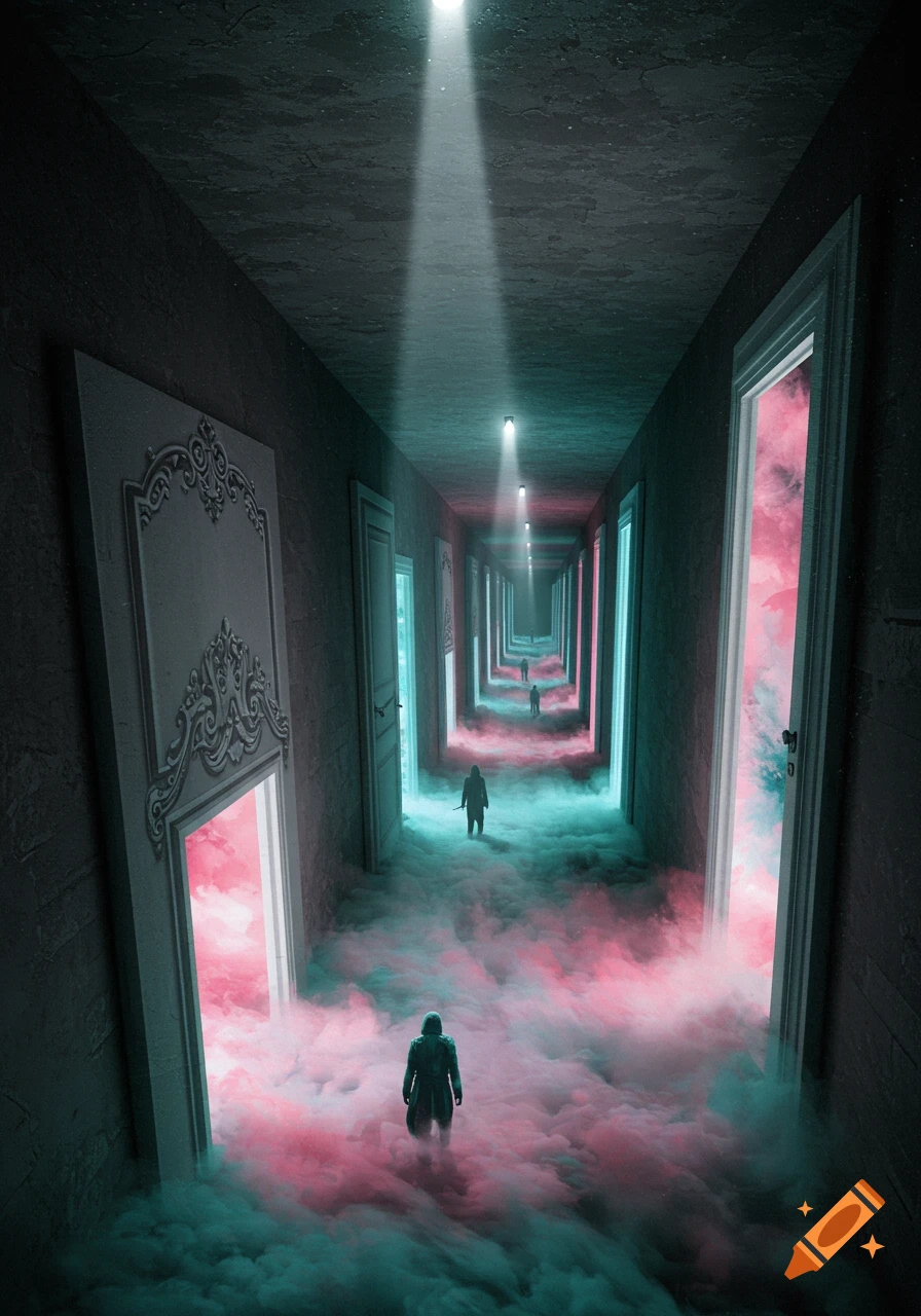 A surreal dark hallway with glowing doors, mysterious figures, and pink and teal fog on the floor. A beam of light shines from above.