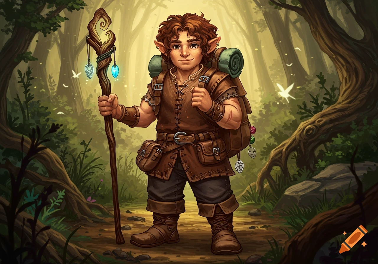 A smiling halfling adventurer with curly brown hair, pointed ears, and a backpack, holding a staff in a sunlit forest.