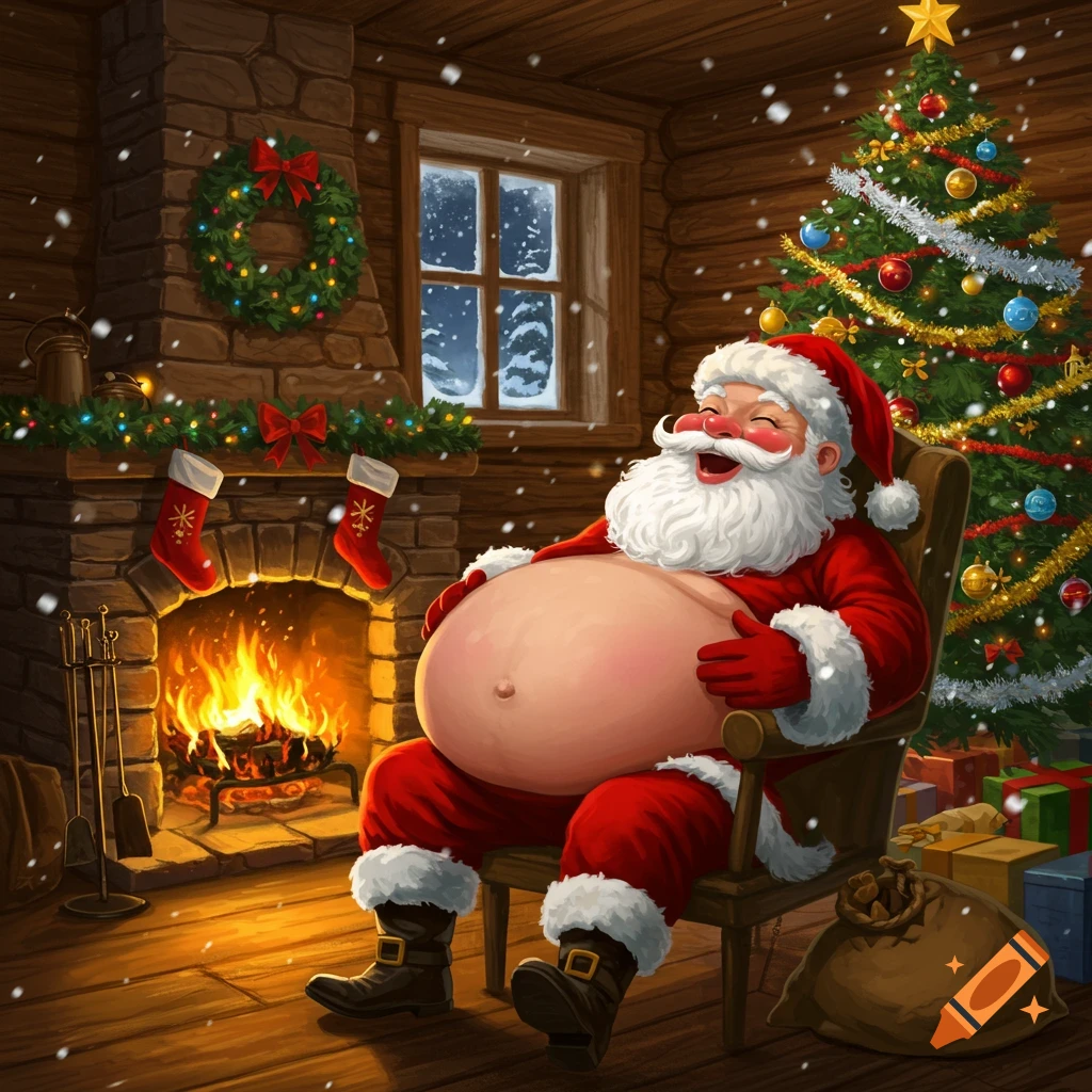 Jolly Santa Claus laughs, holding his bare belly by a fireplace in a log cabin with a Christmas tree.