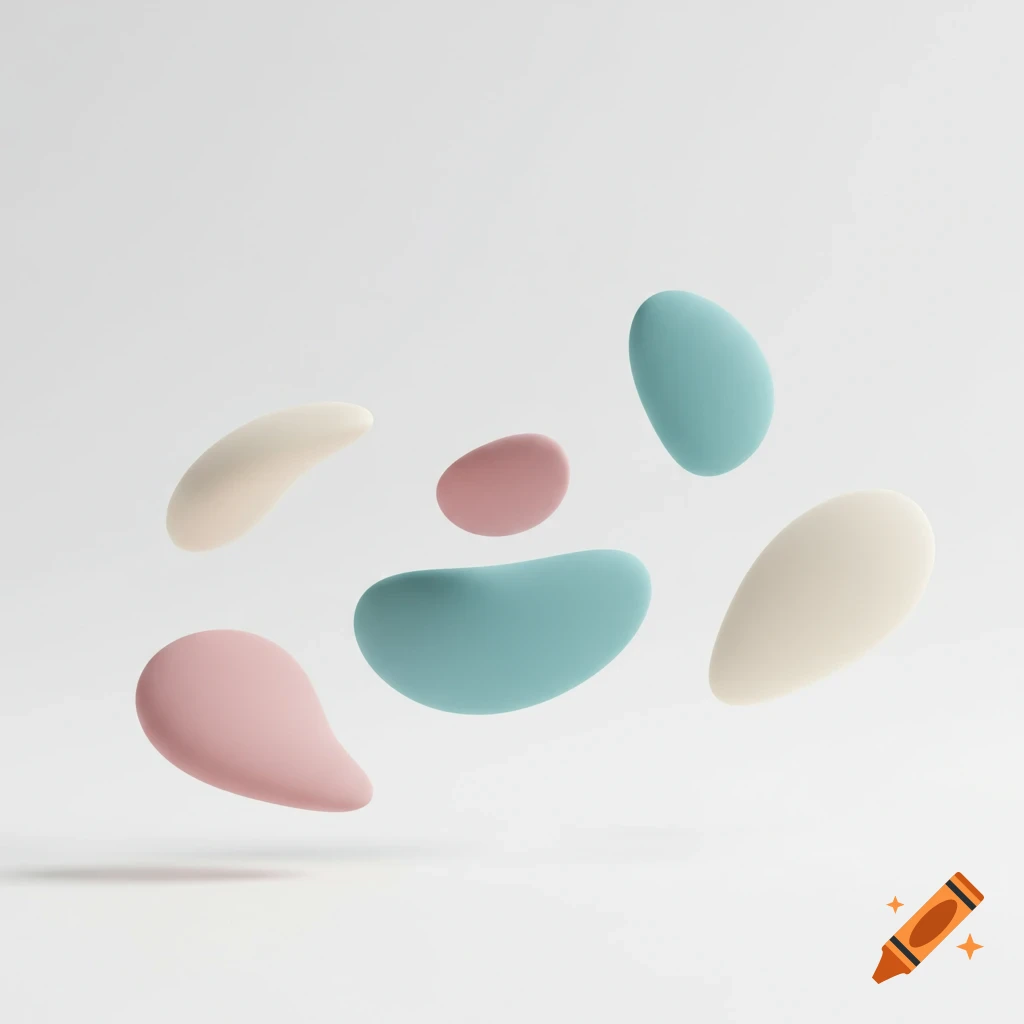 Several smooth, irregular pastel pink, teal, and cream blob shapes float against a bright white background.