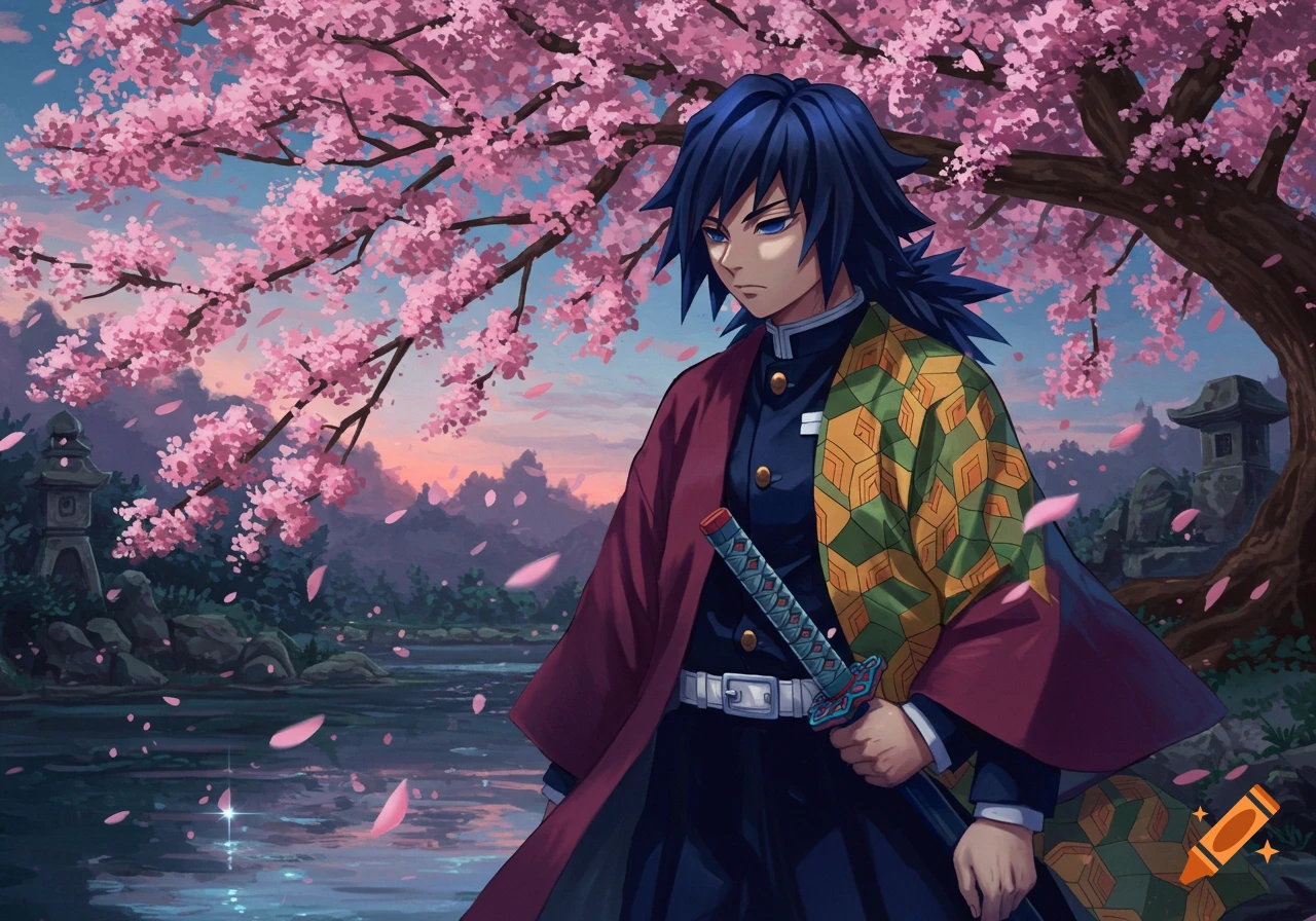 Giyu Tomioka from Demon Slayer stands by a river under blooming pink cherry blossom trees in a vibrant anime style.