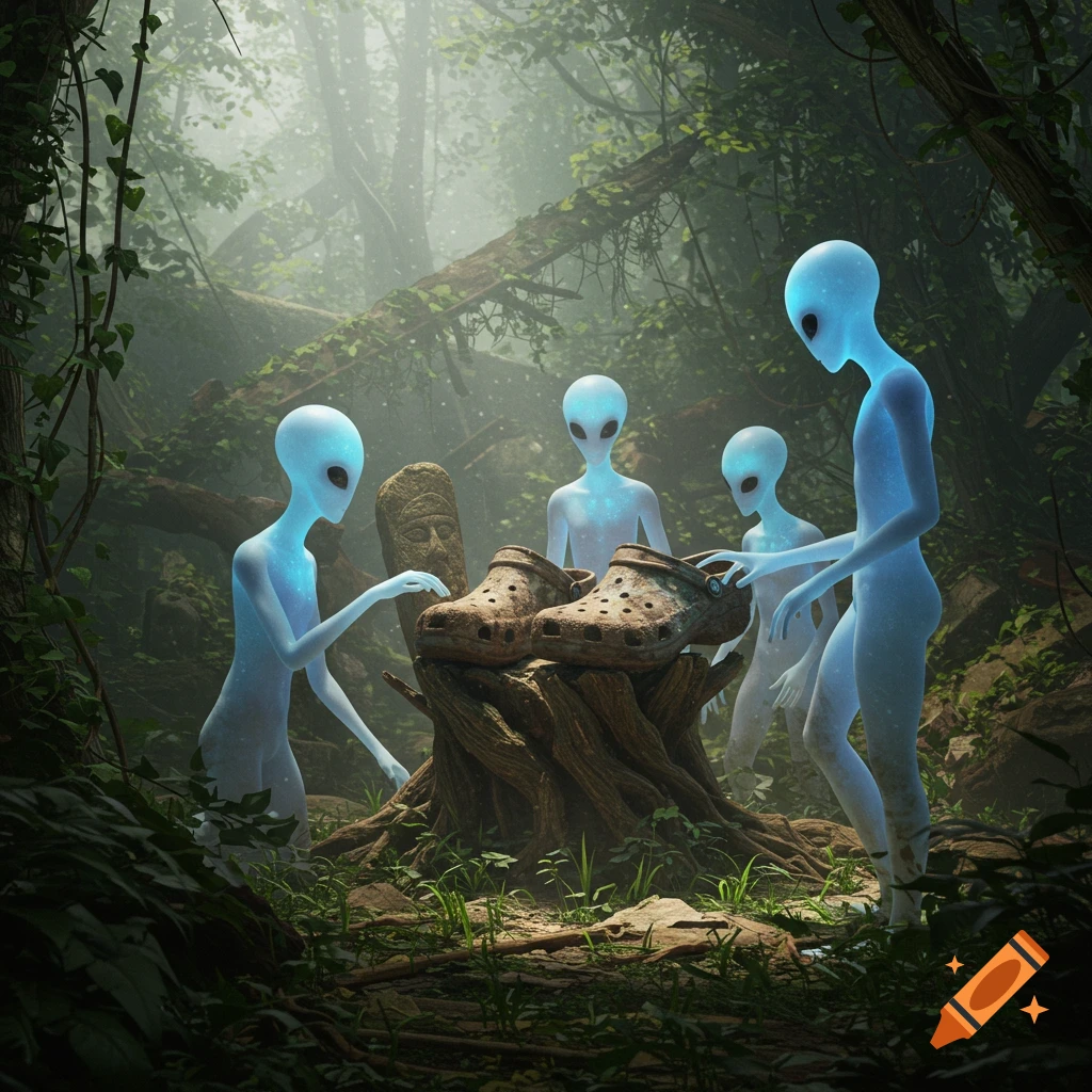 Blue-glowing alien archaeologists examine a pair of dirty, camouflage Crocs on a tree stump in a lush, overgrown forest.
