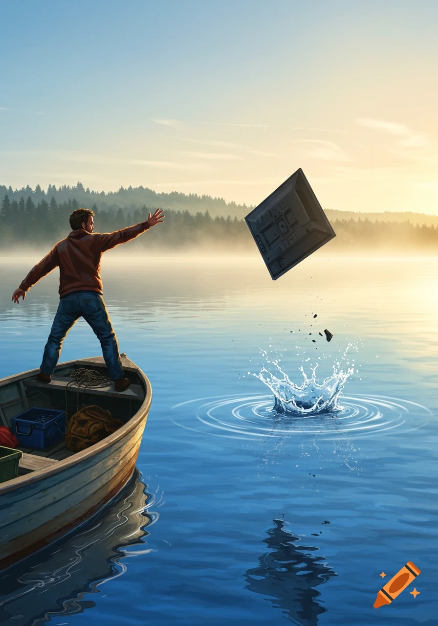 A man on a wooden boat throws a television into a misty lake with a forest in the background at sunrise.