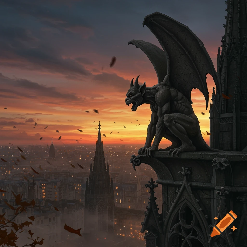 A stone gargoyle perches on a gothic cathedral at sunset, overlooking a sprawling city, with leaves falling.