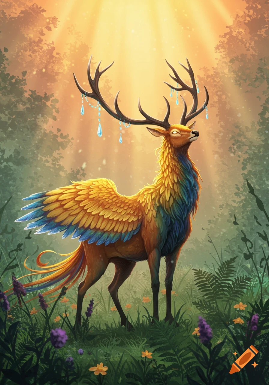 A vibrant, winged, deer-like mythical creature with jeweled antlers stands in a sunlit fantasy forest.