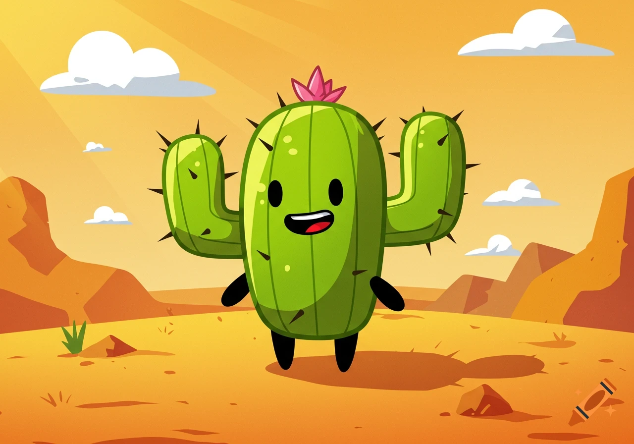 A friendly, green cartoon cactus with a pink flower on its head stands in a bright, sunny desert landscape.