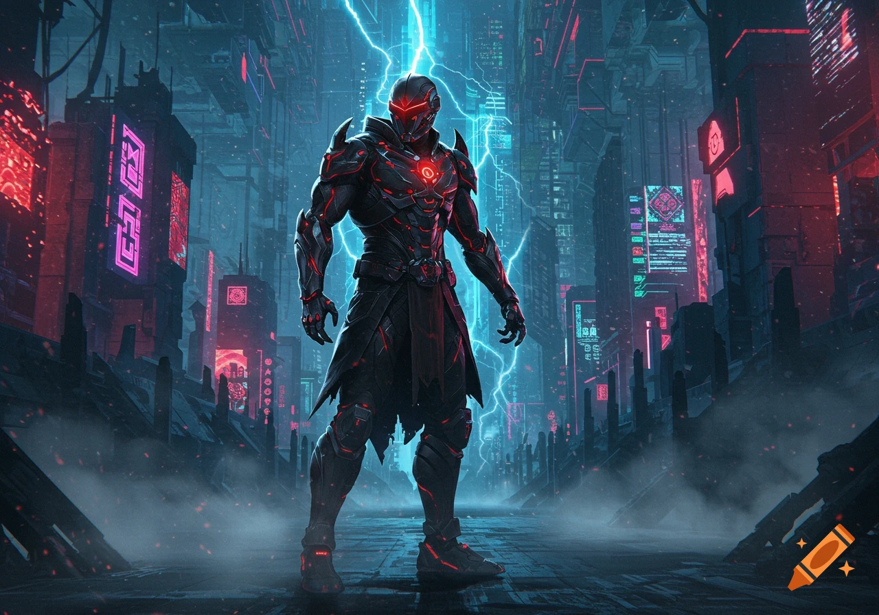 A dark armored futuristic warrior with glowing red accents stands heroically amidst neon-lit buildings and blue lightning in a cyberpunk city.