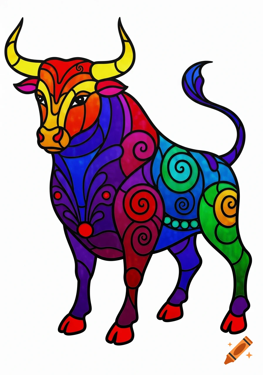 A vibrant, colorful bull in a Tiffany stained glass style, inspired by Oaxacan folk art, against a white background.