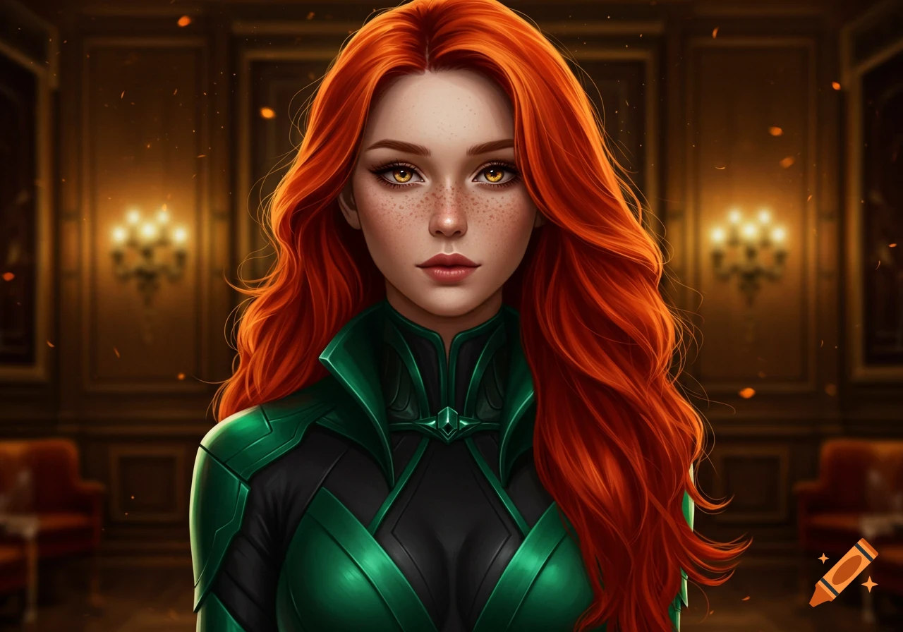 A fantasy portrait of a woman with long red hair, freckles, and golden eyes, wearing a black and green armored outfit, in a lavish room.