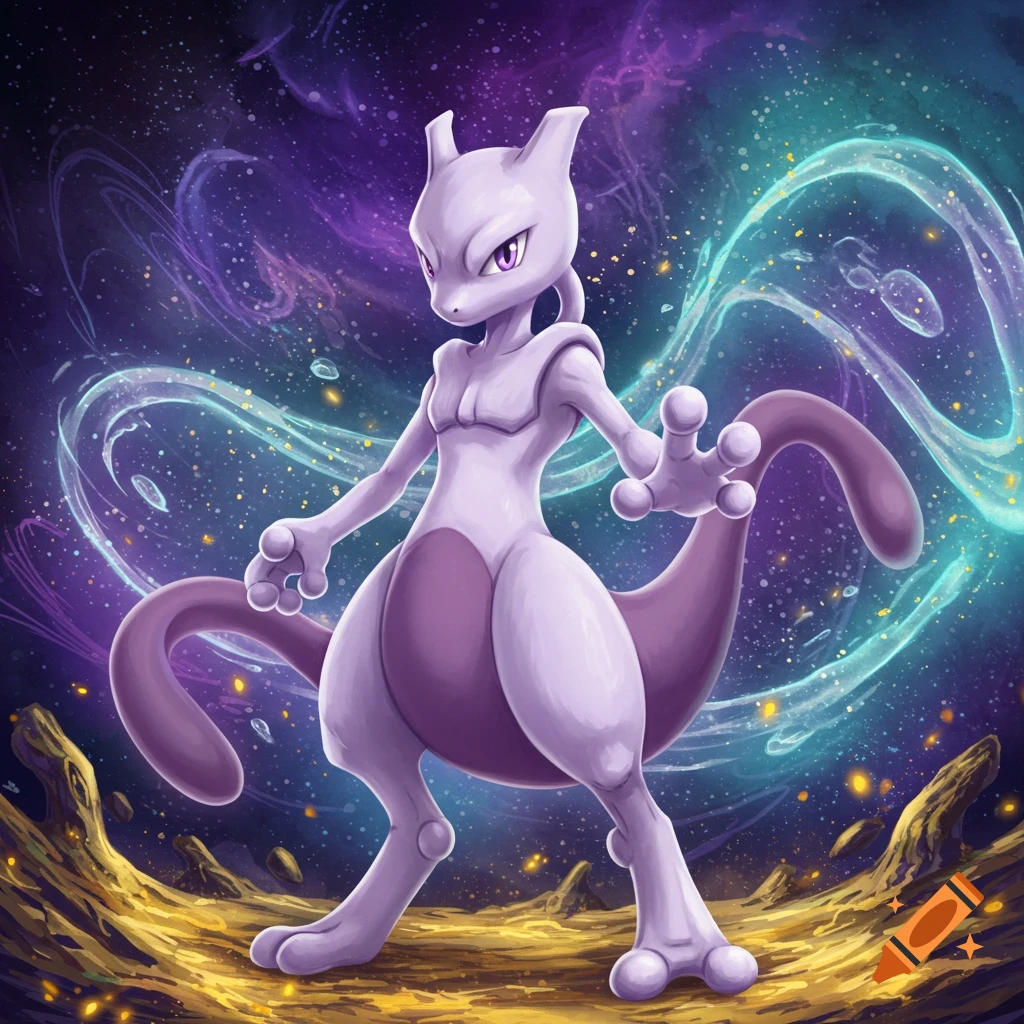 Purple Mewtwo stands in a powerful pose against a vibrant cosmic background with swirling energy and golden ground.