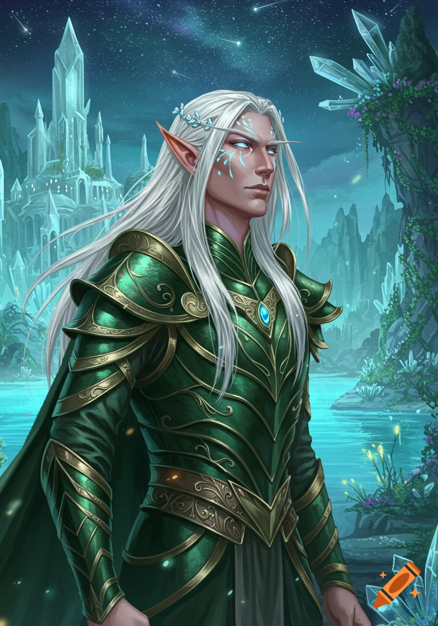 A male elf with long white hair, green armor, and blue facial markings stands before a shimmering crystal city under a starry night sky.