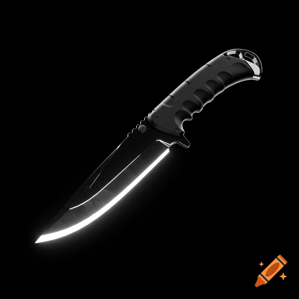 A jet black combat knife with a glowing white edge and dark handle, set against a solid black background.