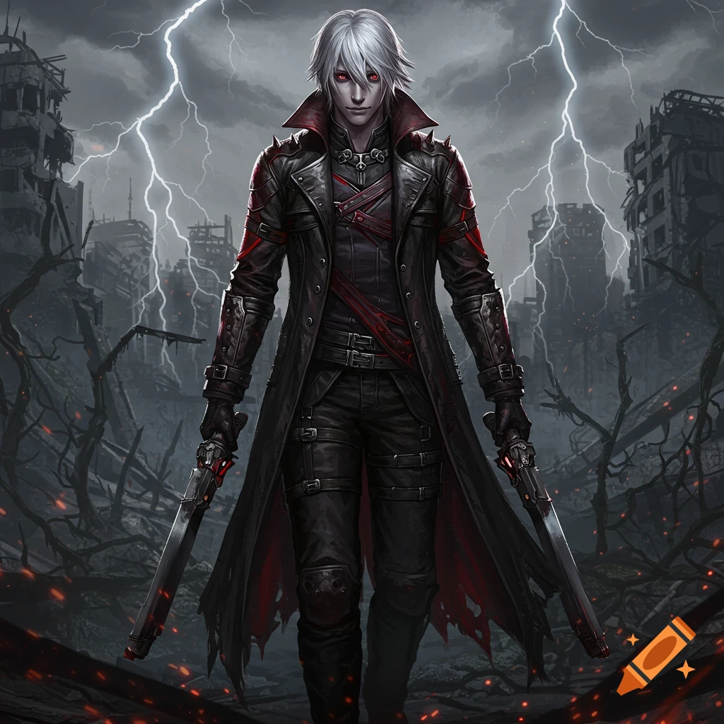 A white-haired male anime character with red eyes, wearing a black and red trench coat, stands in a ruined city under a stormy sky with lightning, holding two stylized guns.