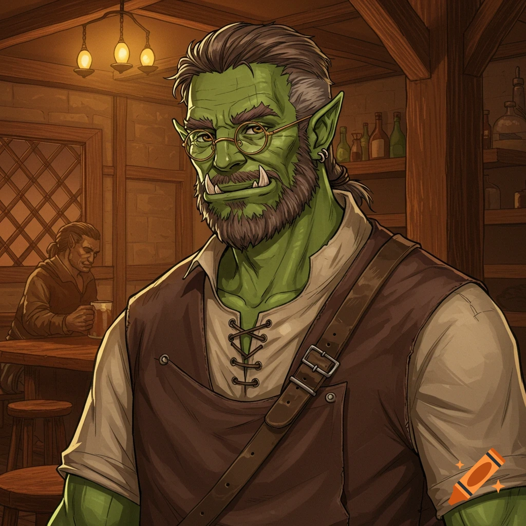 A manga-style drawing of a middle-aged, green-skinned half-orc man with graying hair, goatee, spectacles, and short tusks, smirking in a warm-lit tavern.
