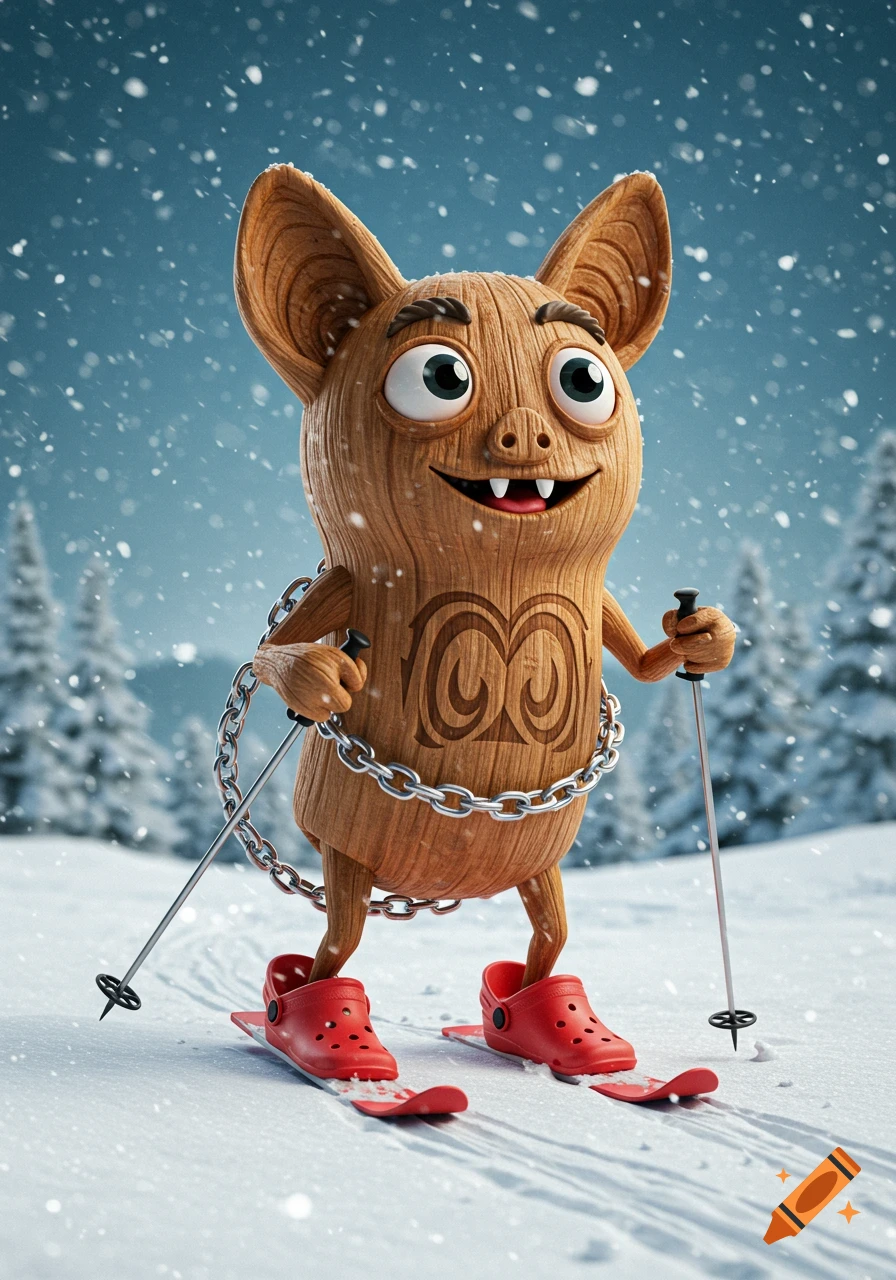 A whimsical wooden bat creature wearing red Crocs on skis, holding ski poles in a snowy landscape with falling snow.