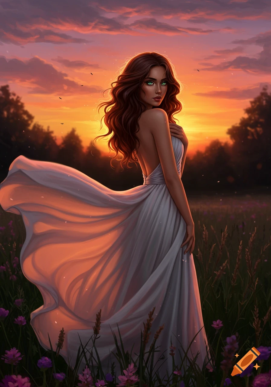 Digital art of a woman with long brown hair and green eyes in a flowing white dress, standing in a field of purple flowers at sunset.