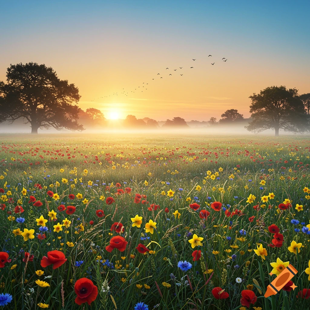 A vibrant meadow filled with red, yellow, and blue wildflowers at sunrise or sunset, with misty trees and birds in the sky.