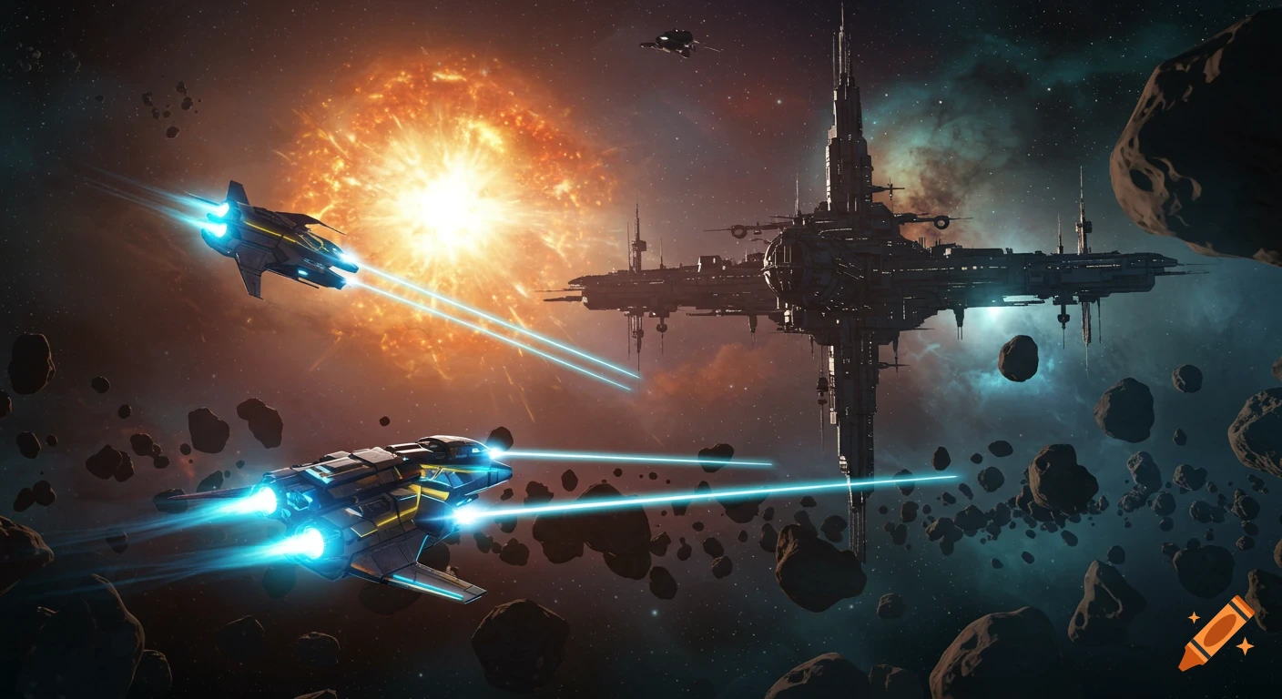 Two futuristic assault spacecrafts attack a large space station amidst an asteroid field, backlit by a brilliant supernova in deep space.