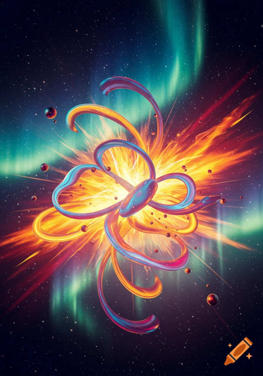 Abstract, colorful swirling ribbons and spheres exploding in a starry space with auroras.