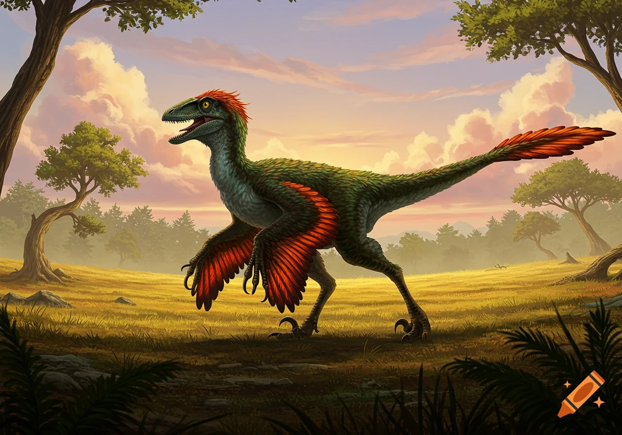 A vibrantly colored feathered velociraptor with red and green plumage stands in a golden grassy field at sunset.
