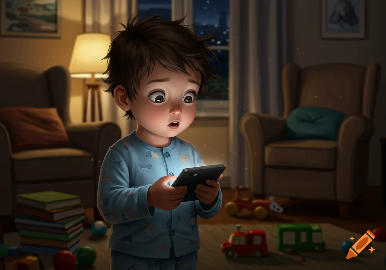 A young child in blue pajamas looks intently at a glowing smartphone in a dimly lit, cozy room with toys, in a digital illustration style.