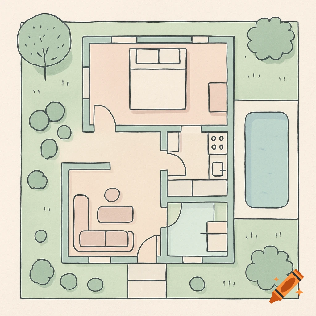 Top-down, hand-drawn plan of a small house with a bedroom, living room, kitchen, green garden, and blue swimming pool.