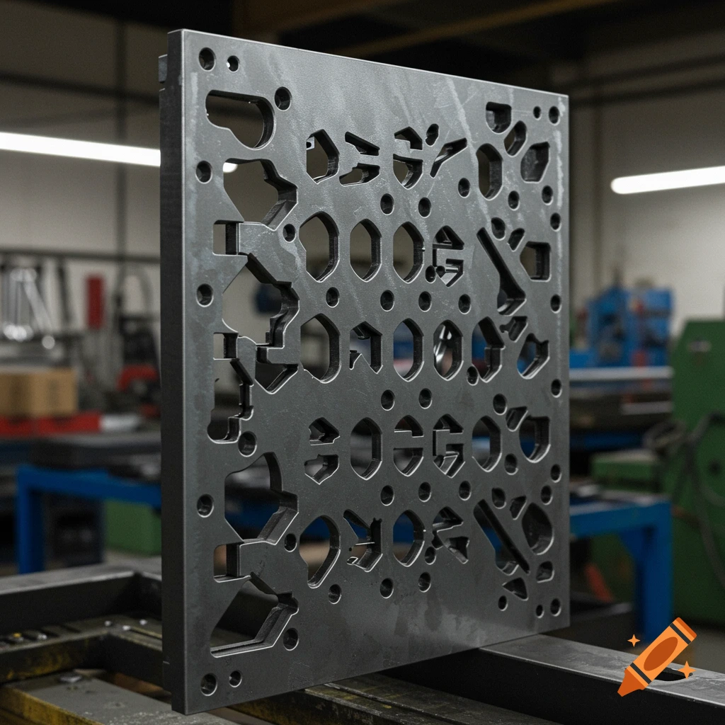 A dark grey metal plate with diverse laser-cut keyhole and geometric perforations, with some shapes resembling garbled text, stands in a workshop.