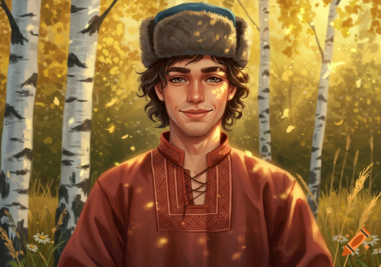 A smiling young man with dark curly hair and a fur hat wears a red embroidered folk shirt in a sunlit birch forest.