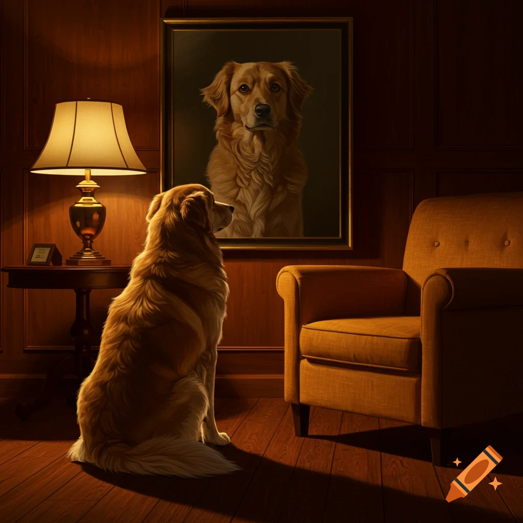 A photorealistic Golden Retriever sits with its back to the viewer, looking at a painting of another Golden Retriever in a dimly lit, cozy room.