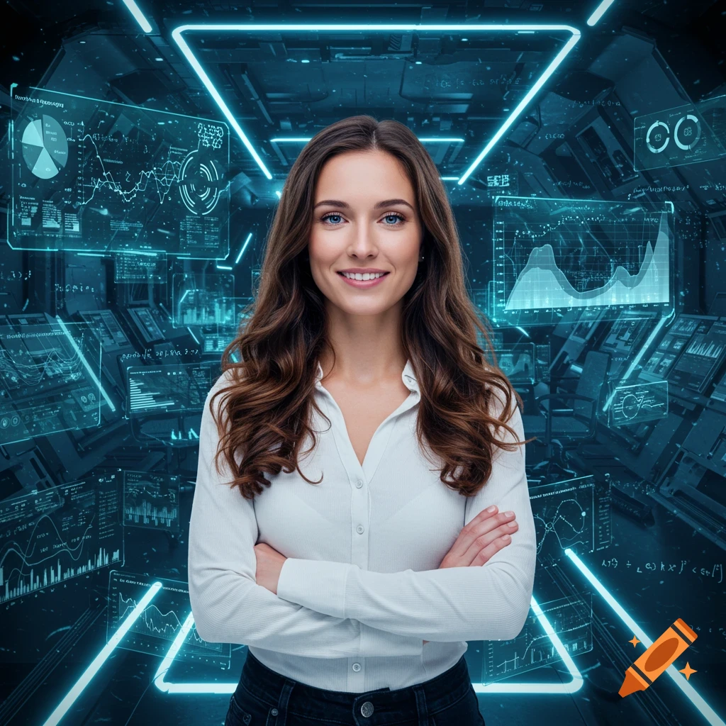 A smiling woman with brown hair and blue eyes stands with crossed arms in a futuristic room filled with glowing blue data displays and charts.