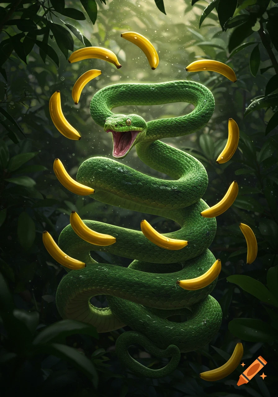 A vibrant green snake with its mouth open, surrounded by floating yellow bananas in a lush, misty jungle.