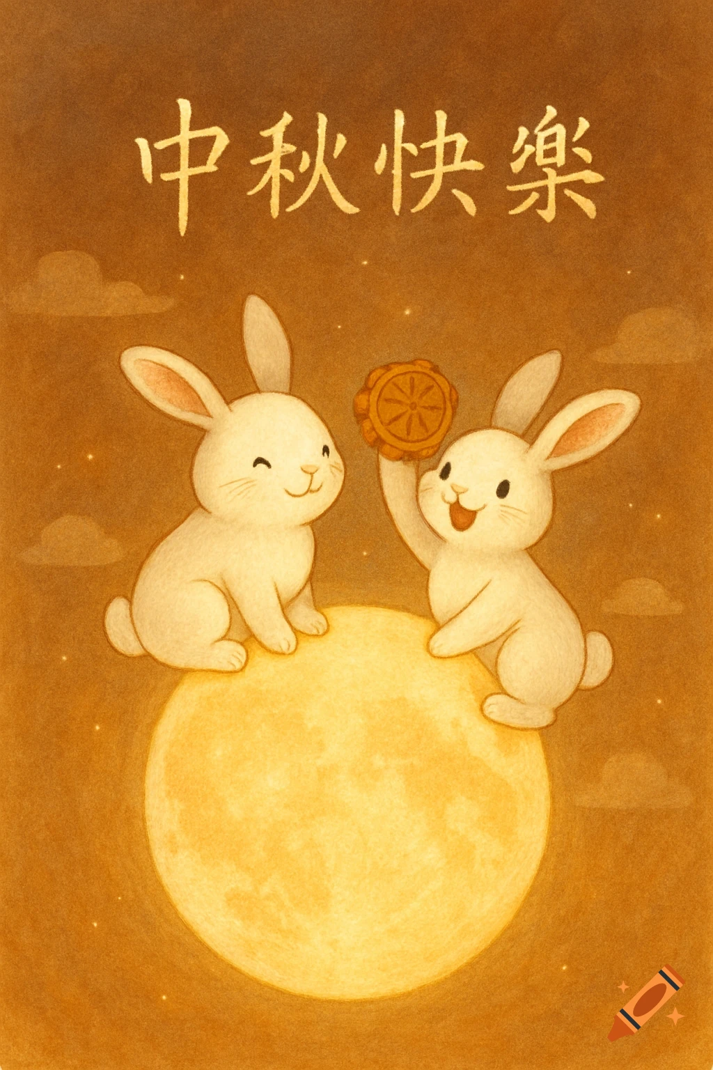 Two cute white cartoon rabbits sit on a large full moon, one holding a mooncake, with "Happy Mid-Autumn Festival" in Chinese characters above, in a watercolor style.