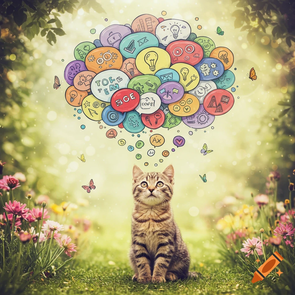 A tabby kitten sits in a sunny garden, looking up at a cloud of colorful thought bubbles with icons and text.