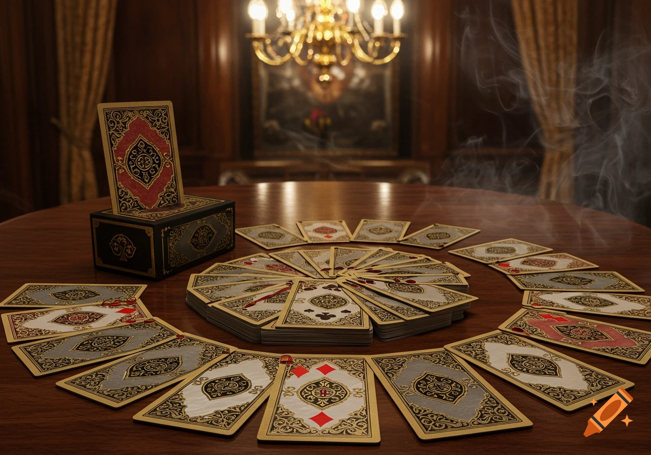 Ornate playing cards spread on a round wooden table, with a card box and a chandelier in a dimly lit room with smoke.