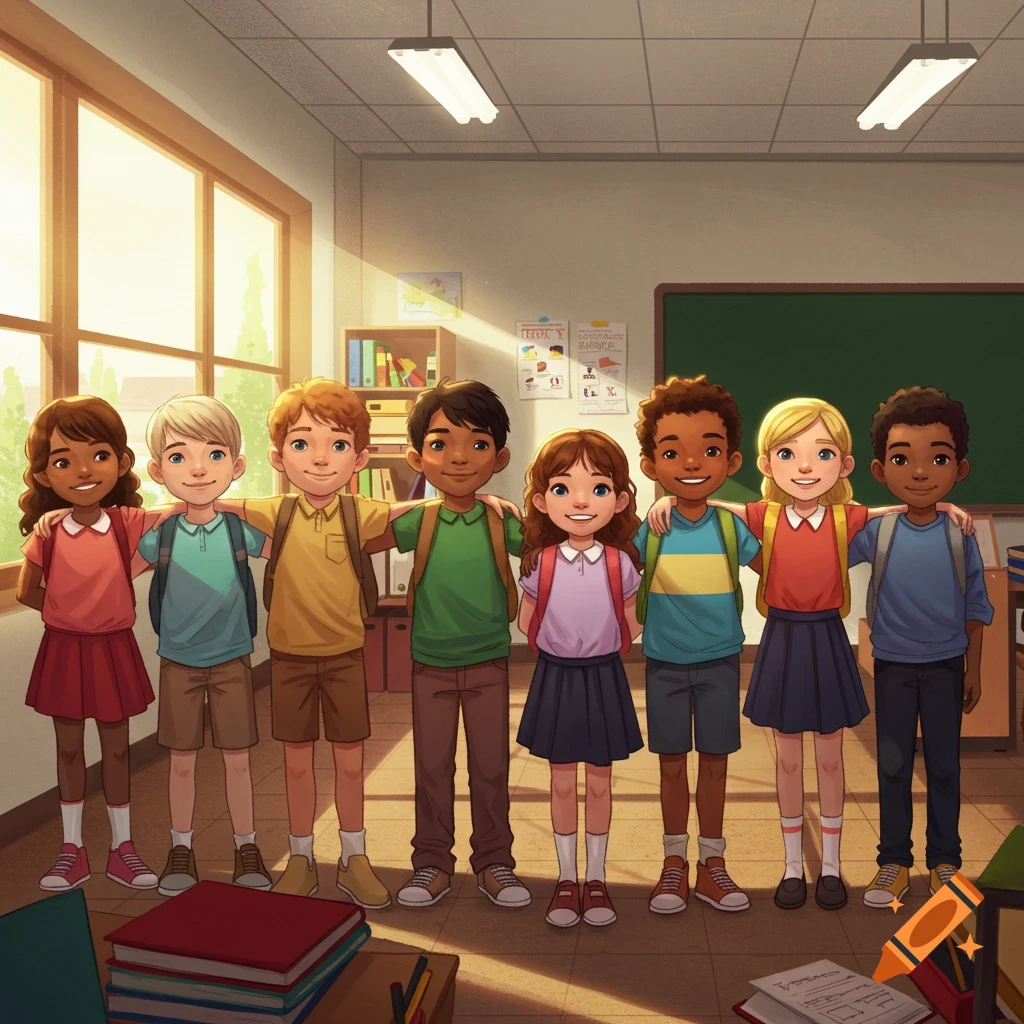 A group of diverse smiling children with backpacks stand arm-in-arm in a brightly lit classroom, illustrated.