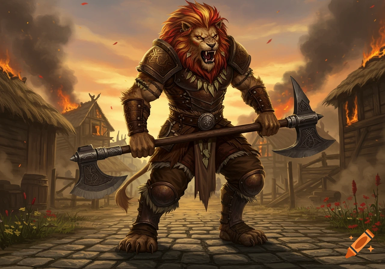 A powerful leonine barbarian with an axe stands fiercely in a burning village at sunset, fantasy art.
