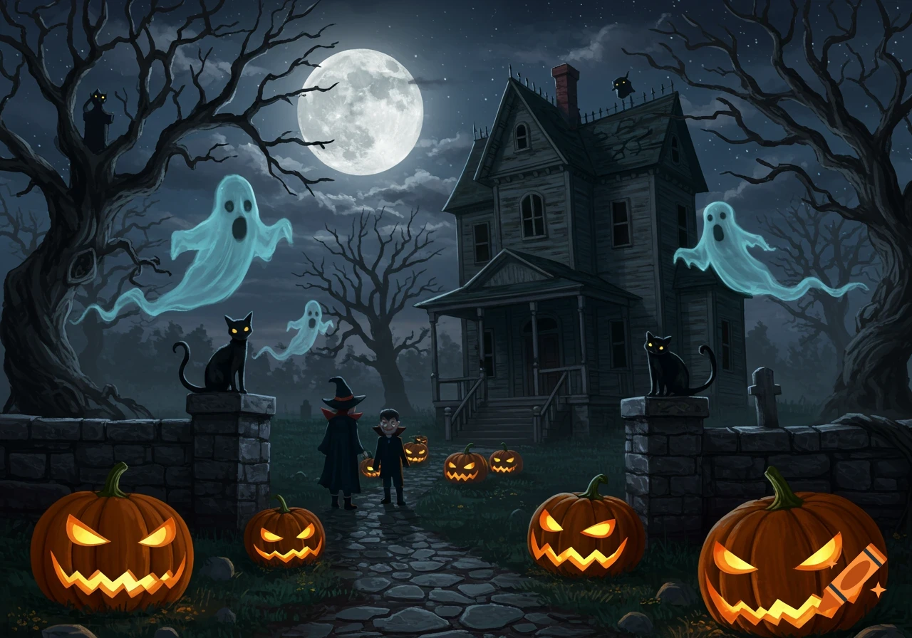 Illustrated spooky Halloween scene with an abandoned house, full moon, ghosts, black cats, glowing pumpkins, and trick-or-treating children.