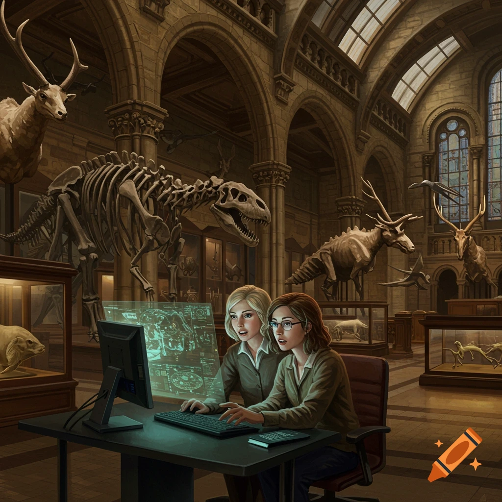 Two women examine a holographic computer screen in a grand natural history museum with dinosaur skeletons.