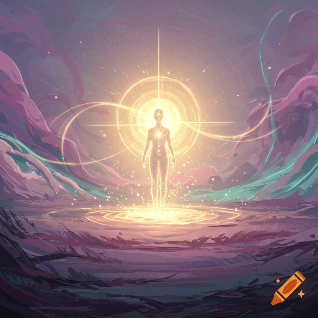 A glowing, ethereal human figure stands amidst swirling, vibrant cosmic landscapes, radiating light.