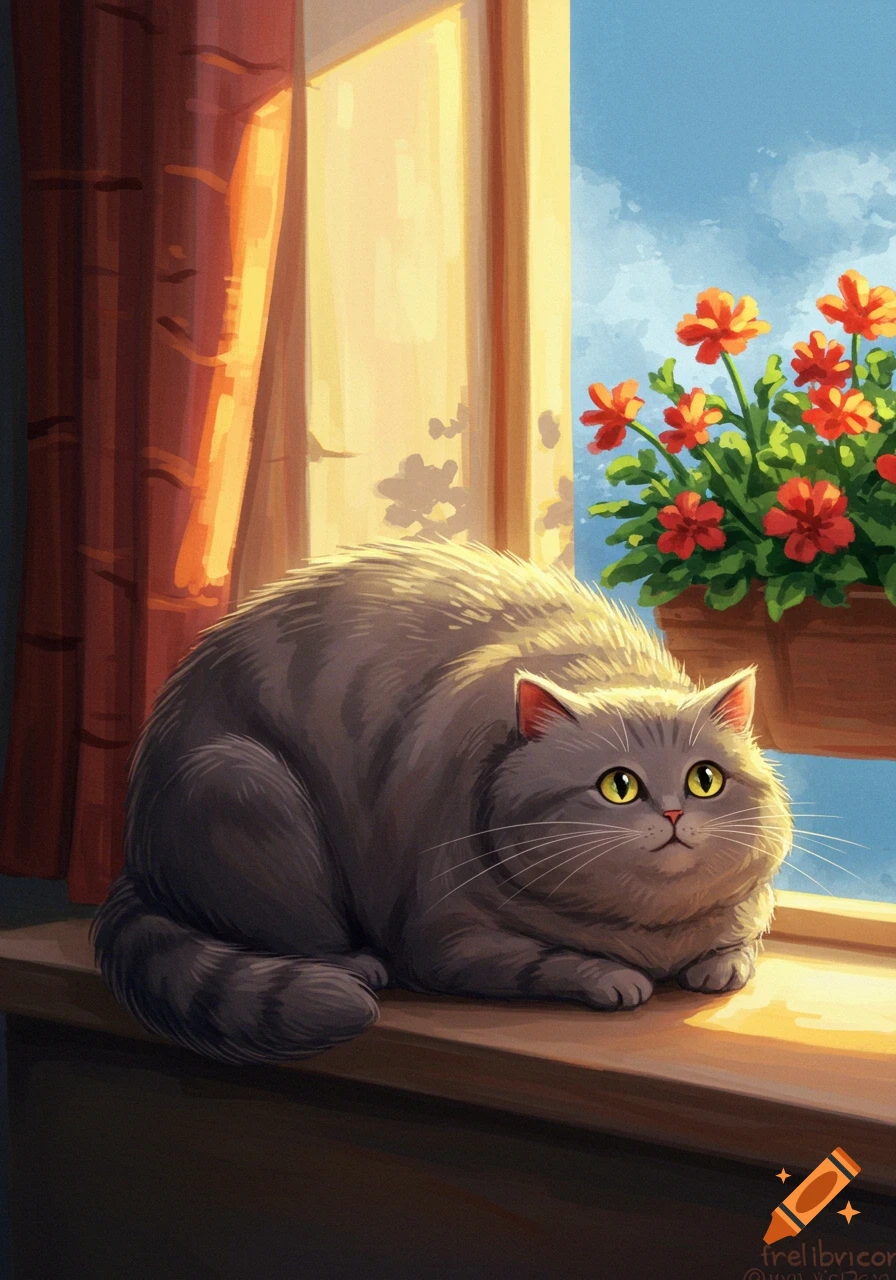 A fluffy gray cat with big yellow eyes sits on a sunny windowsill next to a red curtain, with red flowers outside.