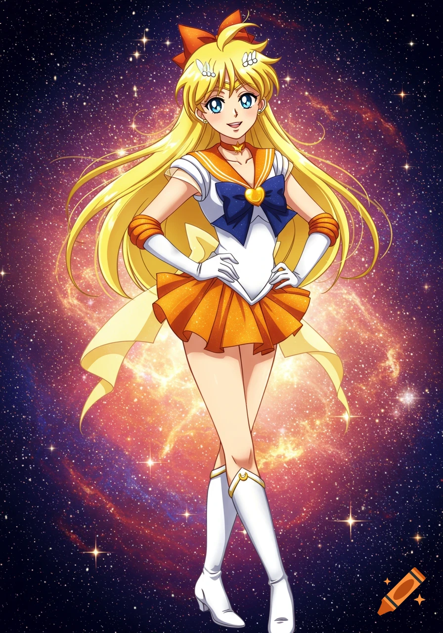 Anime girl, Sailor Venus, in a white, orange, and blue uniform, with long blonde hair, standing against a vibrant galaxy background.