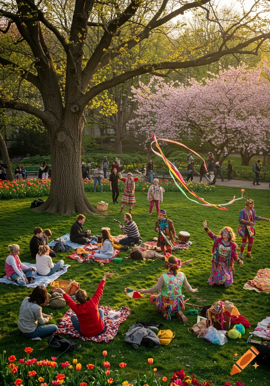 A vibrant outdoor scene with two groups of people picnicking and performing with ribbons in a sunny park with trees and tulips.