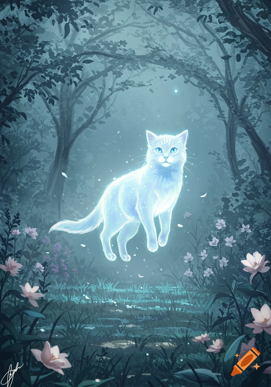 An ethereal glowing white cat with bright blue eyes floats in a dark, mystical forest with trees and flowers, fantasy art.