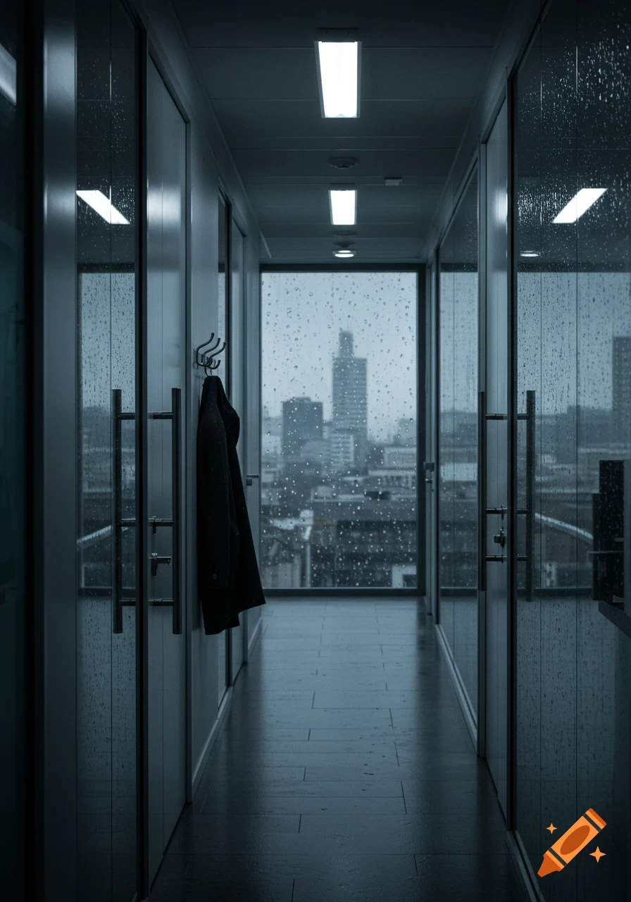 Photorealistic image of a modern office hallway with glass doors, a coat on a rack, and a rainy cityscape through the window.