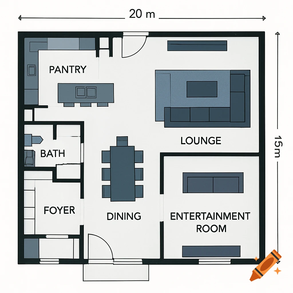A top-down digital floor plan of a modern home, 20m by 15m, showing pantry, lounge, bath, foyer, dining, and entertainment rooms.
